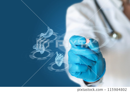 Doctor shows medicine for stomach and heart. 115984802