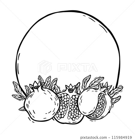 Round frame with fruits and pomegranate leaves, round outline with a pattern. Vector botanical black and white frame, hand drawn in graphic style. Drawing for food and cosmetics packaging design, menu Round frame with fruits and pomegranate leaves, round outline with a pattern. Vector botanical black and white frame, hand drawn in graphic style. Drawing for food and cosmetics packaging design, menu 115984919