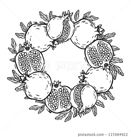 Wreath of detailed burst pomegranates and pomegranate halves with leaves. Vector botanical illustration in graphic style, for invitations, greeting cards, food and cosmetics packaging, home decor 115984922