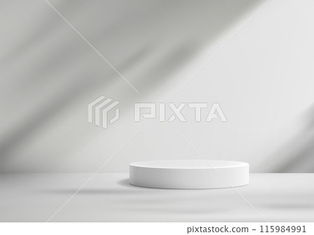 3D White Podium with Shadow Cast on White Wall for Minimal Style Product Display, Nature Concept Mockup Showcase 115984991