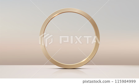 Luxury Gold Circle Ring on White Table in Sky Background for Product Display, Mockup, Showroom, Showcase, Nature Concept 115984999