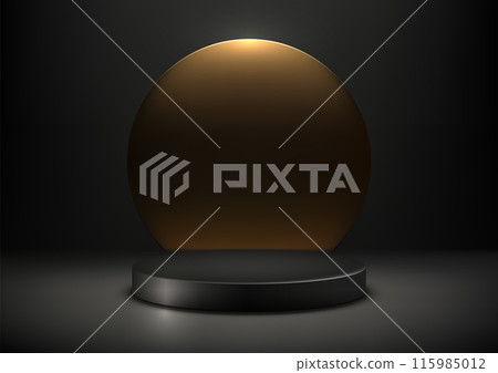 Luxury 3D Black Podium with Gold Sphere on Dark Room Background for Product Display, Mockup, Showroom Luxury 3D Black Podium with Gold Sphere on Dark Room Background for Product Display, Mockup, Showroom 115985012