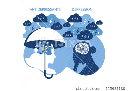 Mental health, antidepressants and depression psychology concept. Two woman different states of consciousness mind - depression and positive mental health mood. Mental health, antidepressants and depression psychology concept. Two woman different states of consciousness mind - depression and positive mental health mood. 115985188