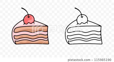 Piece of cake with cherries, graphic design. Food, meal, confectionery, pastry and bakery, vector design and illustration 115985190
