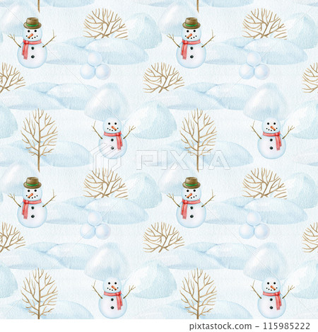 Christmas season snowman in the park seamless pattern. Snowman, snow, bushes, winter landscape on blue background. Traditional vintage style gift wrap design. Painted watercolor digital paper element Christmas season snowman in the park seamless pattern. Snowman, snow, bushes, winter landscape on blue background. Traditional vintage style gift wrap design. Painted watercolor digital paper element 115985222