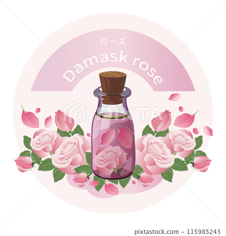 Rose and rose essential oil bottle, aromatic plant, aroma Rose and rose essential oil bottle, aromatic plant, aroma 115985243