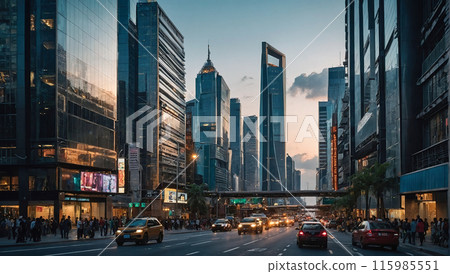 Modern cityscape with tall skyscrapers and busy street Modern cityscape with tall skyscrapers and busy street 115985551