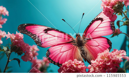 A butterfly with pink, black, and blue wings rests on pink flowers, with a turquoise background enhancing the vivid colors. A butterfly with pink, black, and blue wings rests on pink flowers, with a turquoise background enhancing the vivid colors. 115985553