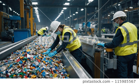 Workers in protective gear carefully sort recyclable materials on a conveyor belt in a recycling plant, ensuring proper waste management. 115985567