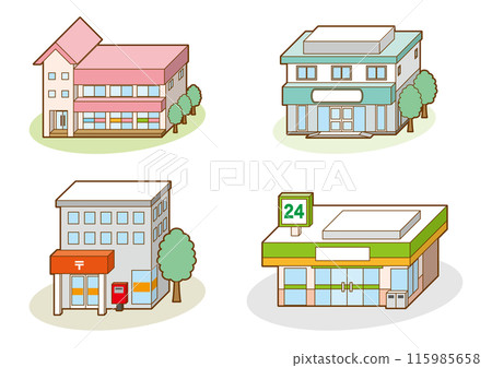 Three-dimensional vector illustration of various buildings. 115985658