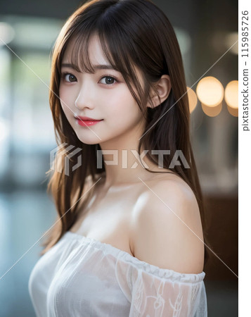 A woman with long hair smiling kindly A woman with long hair smiling kindly 115985726