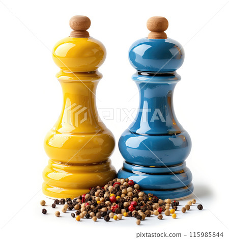 Stylish pepper mills in yellow and blue, suitable for culinary accessory ads isolated on the white background Stylish pepper mills in yellow and blue, suitable for culinary accessory ads isolated on the white background 115985844