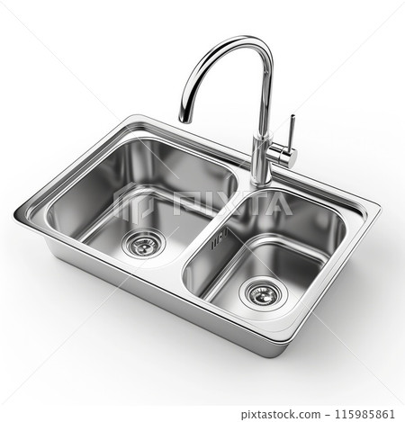 Modern kitchen sink with double basins and chrome faucet, ideal for renovation tips isolated on the white background 115985861