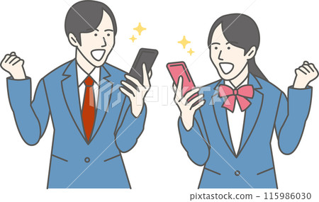 Male and female students in uniforms holding smartphones and making fist pumps 115986030