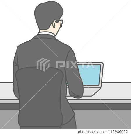 使用筆記型電腦在辦公桌前工作的男子的後視圖 115986032