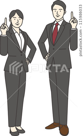圖:穿著西裝的男人和女人微笑著,舉起食指指向前方 圖:穿著西裝的男人和女人微笑著,舉起食指指向前方 115986033