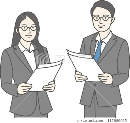 An illustration of a man and woman in business suits standing and holding documents 115986035