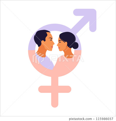 Gender equality concept. Men and women character on the scales for gender equality. Vector illustration. Flat. 115986037