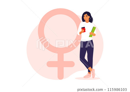 Woman symbol. A woman stands next to a gender icon. Vector illustration. Flat. 115986103