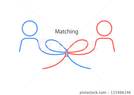 Line drawing illustration of a man and a woman connected in a bow 115986146