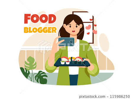 Food Blogger Vector Illustration featuring Influencer Reviewing and Sharing on the Blog at a Restaurant in Flat Style Cartoon Background Food Blogger Vector Illustration featuring Influencer Reviewing and Sharing on the Blog at a Restaurant in Flat Style Cartoon Background 115986250