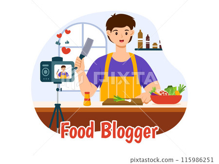 Food Blogger Vector Illustration featuring Influencer Reviewing and Sharing on the Blog at a Restaurant in Flat Style Cartoon Background Food Blogger Vector Illustration featuring Influencer Reviewing and Sharing on the Blog at a Restaurant in Flat Style Cartoon Background 115986251