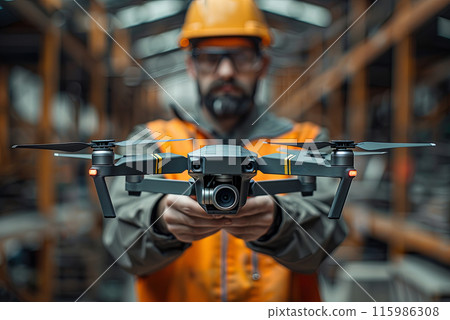 Worker man in production holds a launch drone in his hands to monitor the workflow at the factory Worker man in production holds a launch drone in his hands to monitor the workflow at the factory 115986308