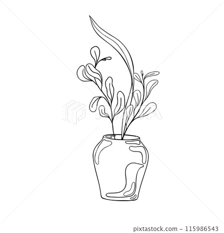 Plants in vase vector graphic hand drawn illustration. Pot and leaves on branch in black white line. Contour pottery in ink painted. Element for ceramics workshop, school modeling clay. Coloring vase Plants in vase vector graphic hand drawn illustration. Pot and leaves on branch in black white line. Contour pottery in ink painted. Element for ceramics workshop, school modeling clay. Coloring vase 115986543