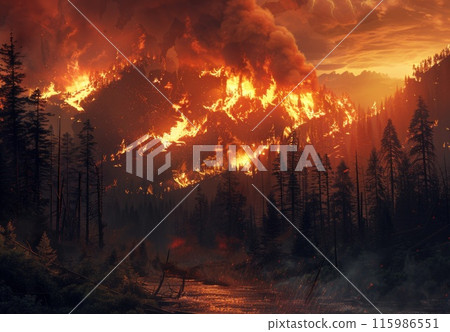 Forest at fire. Burning tree disaster. Global warming problem. Flame and smoke in mountain. Bushfire danger. Wildfire destruction of nature 115986551