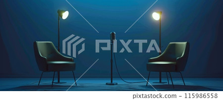 Podcast studio. Professional media equipment. Sound record technology. Creative recording empty workspace. Live radio broadcast with audio microphone. Broadcasting room with chair and armchair 115986558