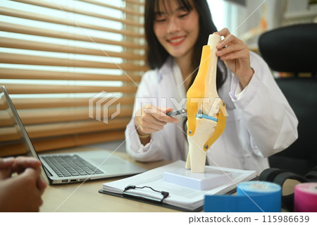 Orthopedic doctor demonstrating functional of knee joint on anatomy model to patient during consultation 115986639