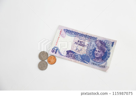 Photographed on a white background. A little old world money series. Malaysian ringgit. Photographed on a white background. A little old world money series. Malaysian ringgit. 115987075