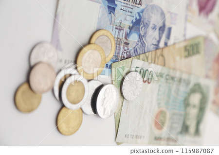 A little old world money series Italian Lira, photographed on a white background A little old world money series Italian Lira, photographed on a white background 115987087