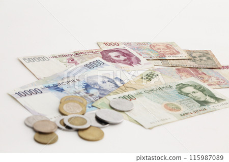 A little old world money series Italian Lira, photographed on a white background 115987089
