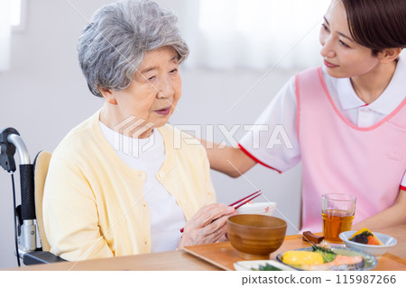 Caregiver worried about senior woman with no appetite Caregiver worried about senior woman with no appetite 115987266