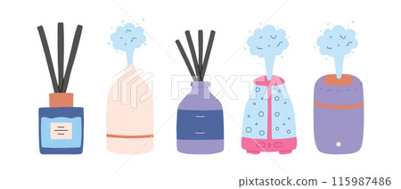 Set of aroma diffusers in flat style. Collection hand drawn diffusers isolated on a white background. Vector illustration. Set of aroma diffusers in flat style. Collection hand drawn diffusers isolated on a white background. Vector illustration. 115987486