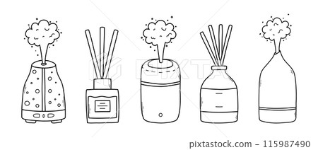 Set of aroma diffusers in doodle style. Collection of linear diffusers isolated on a white background. Vector illustration. 115987490