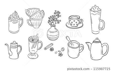 Cozy autumn drinks and cups doodle set Cozy autumn drinks and cups doodle set 115987725