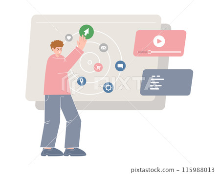 intelligent interface interactive touchscreen user touch interact with display icon set 115988013