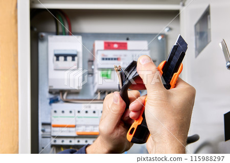 Removing PVC sheath from three-phase, four-core power cable for connection to electrical distribution panel. 115988297
