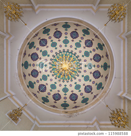 A view of the ornate ceiling inside the Goy Imam Mosque in Ganja, Azerbaijan, adorned with intricate geometric patterns 115988588