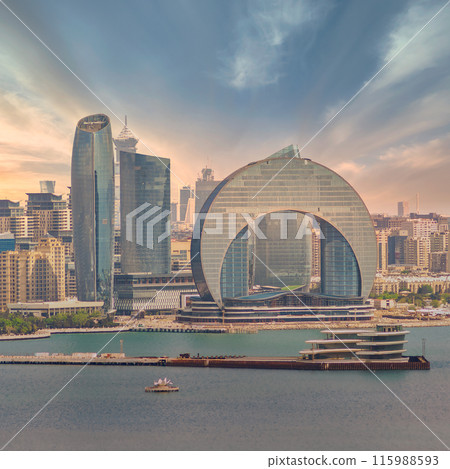 Crescent Development Project at Sunset Along Caspian Sea Coast Baku, Azerbaijan 115988593