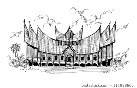 Rumah gadang minang padang hand drawn black and white hand drawn illustration minangkabau traditional house plant scene 115988603