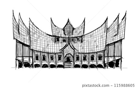 Rumah gadang minang padang hand drawn black and white hand drawn illustration minangkabau traditional house 115988605