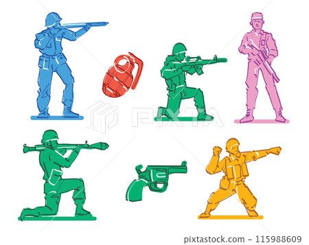 Colorful toys miniatures soldier figurine collection vintage retro style hand drawn cartoon character children game army military Colorful toys miniatures soldier figurine collection vintage retro style hand drawn cartoon character children game army military 115988609