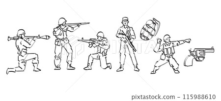 hand drawn cartoon character for children game or military combat toy soldier collection pose action illustration 115988610