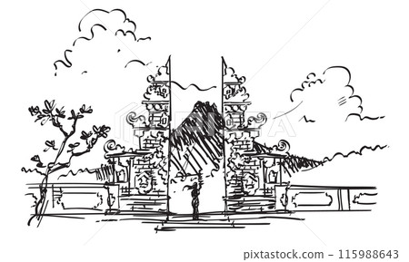 Bali Balinese gate architecture of traditional temple with mountain and tree scene hand drawing illustration sketch 115988643