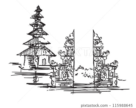 Bali temple Balinese building architecture gate traditional hand drawing sketch illustration temple Indonesia 115988645