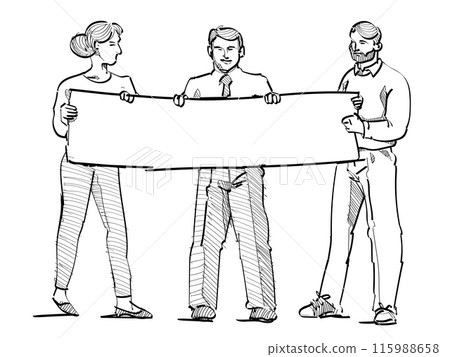 Business team coworker standing holding blank empty banner hand drawing sketch 115988658