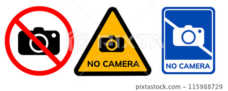 No camera restriction photo take picture graphic set yellow sticker label sign caution zone area 115988729